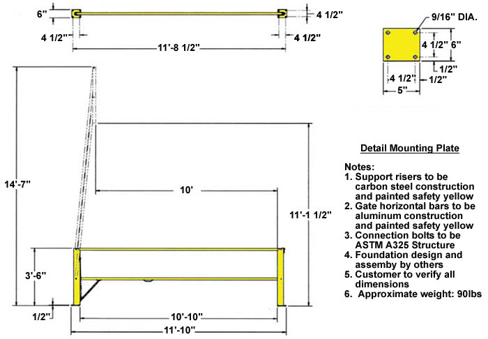 Loading Dock Industrial Safety Gate Model No. SDG10  protects a 10 foot dock and has an interior clearnce of 120 inches.